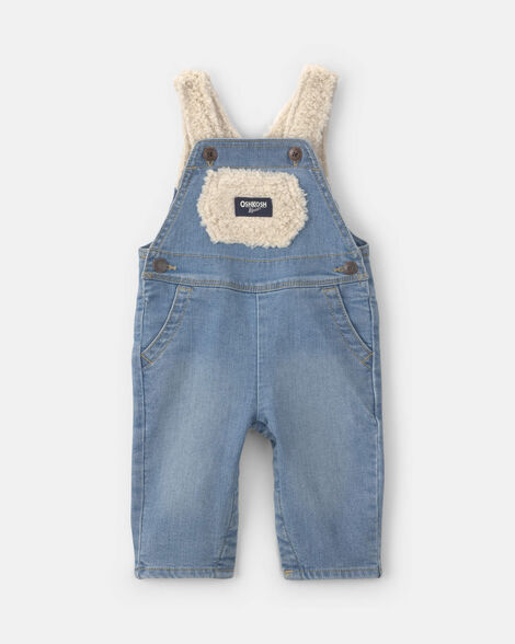 Baby Teddy Fleece Denim Overalls - Light Wash