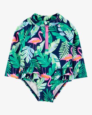 Product image 1 of Baby 1-Piece Tropical Flamingo Long-Sleeve Rashguard Swimsuit