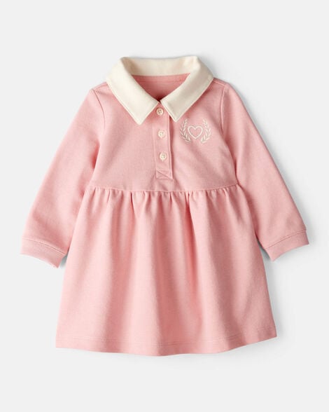 baby girl polo collared cotton dress - pink