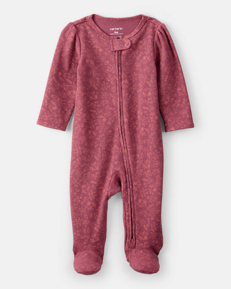 baby girl floral print cotton long-sleeve 2-way zip sleep & play pajamas - pink