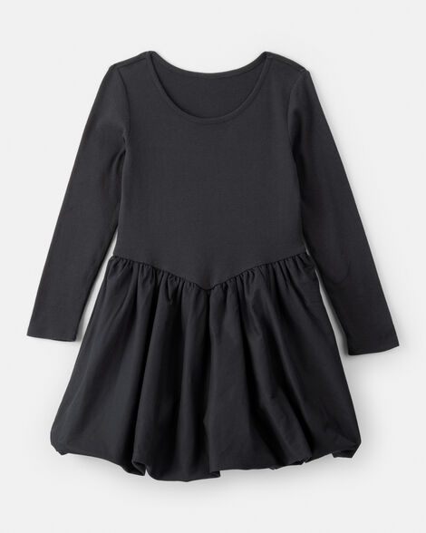 Girls Long Sleeve Cotton Bubble Dress - Black