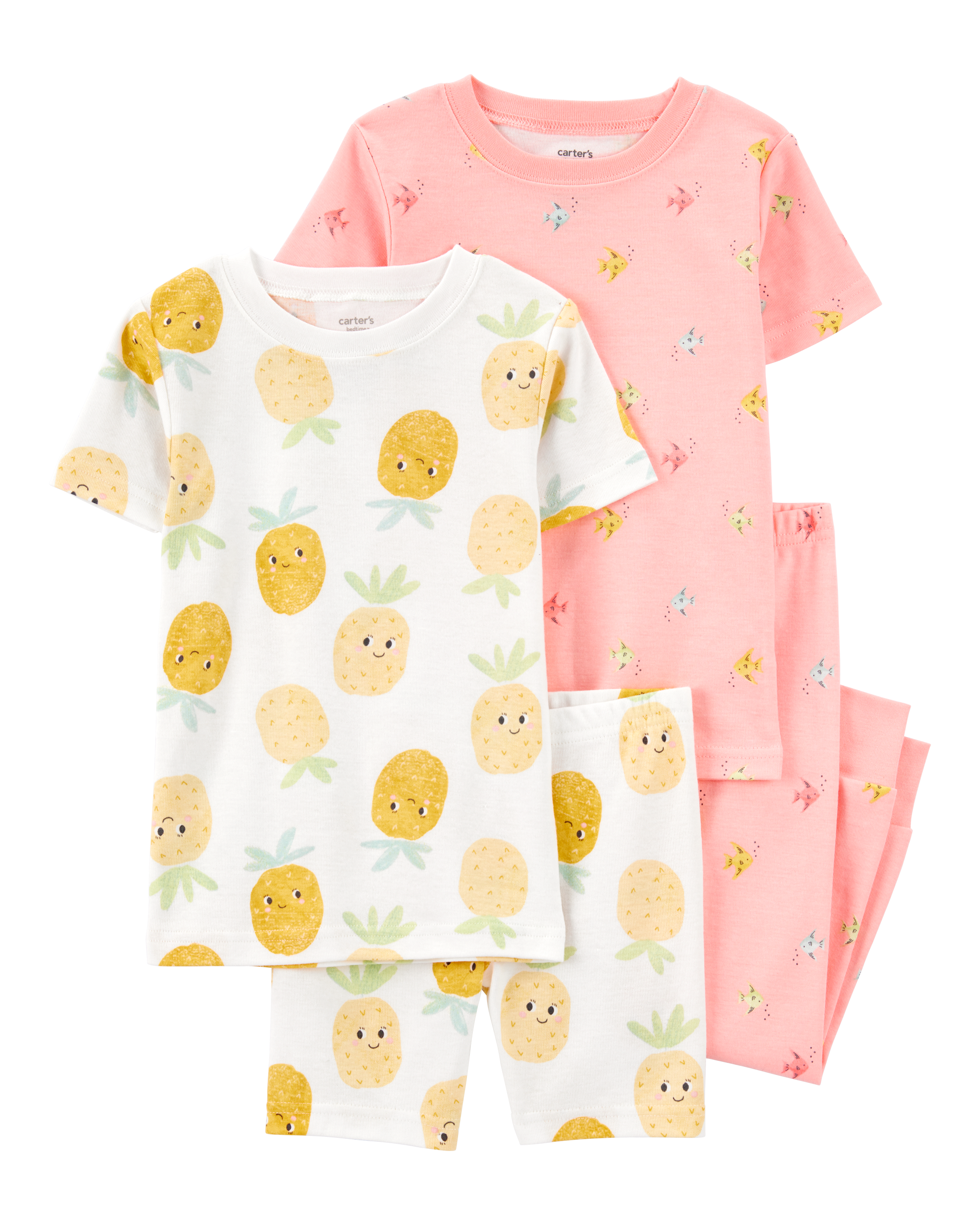 Toddler 4-Piece Pineapple & Fish Print 100% Snug Fit Cotton Pajamas - Pink/Yellow