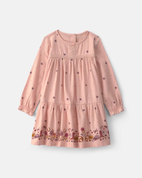 Baby Girl Floral Twill Long-Sleeve Dress - Pink