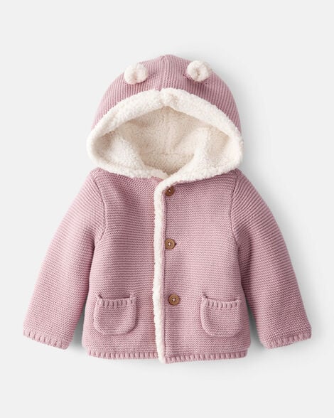 baby girl sherpa lined cotton long-sleeve jacket - pink