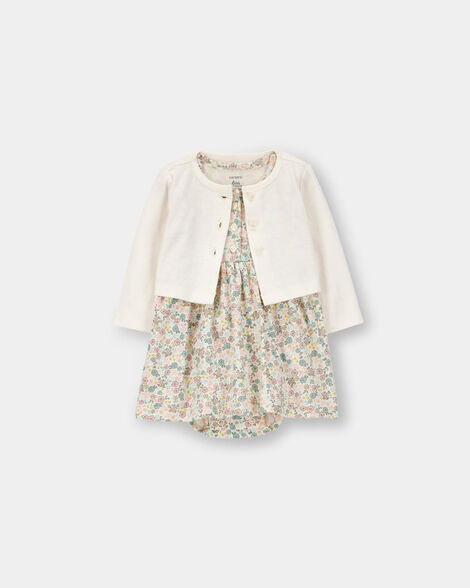 baby girl floral cardigan dress set - cream