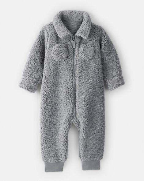 baby boy sherpa pocket zip-up jumpsuit - grey