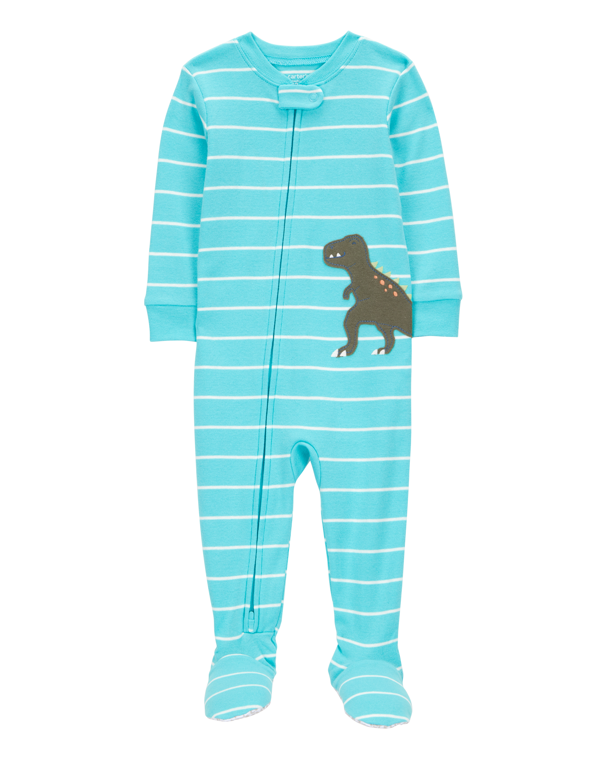 Toddler Boy 1-Piece Striped Dinosaur 100% Snug Fit Cotton Footie Pajamas - Turquoise