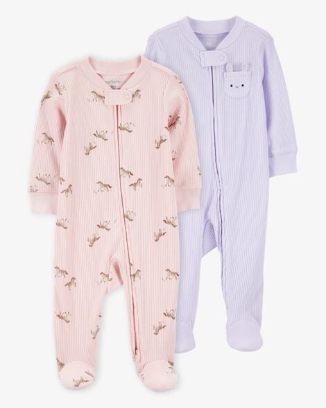 Product image 1 of Baby 2-Pack Ribbed 2-Way Zip Sleep & Play Pajamas - Pink/Purple
