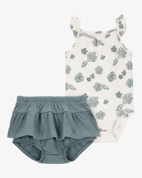  Product image 1 of Baby 2-Piece Flutter-Sleeve Floral Bodysuit & Short Set - Ivory/Green