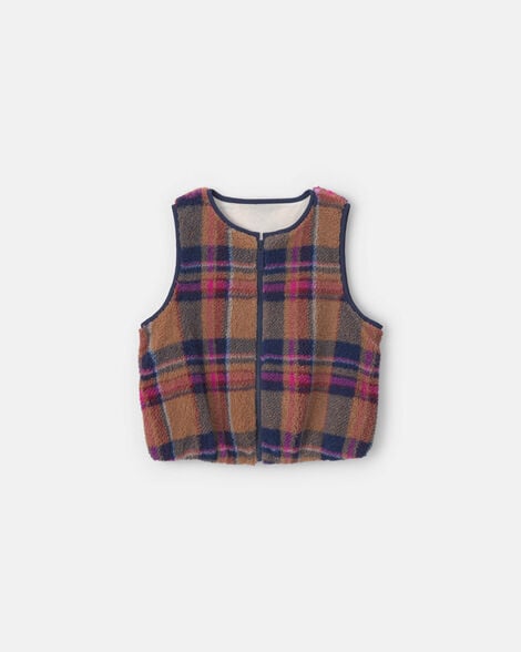 Girls Plaid Teddy Fleece Vest - Orange/Navy
