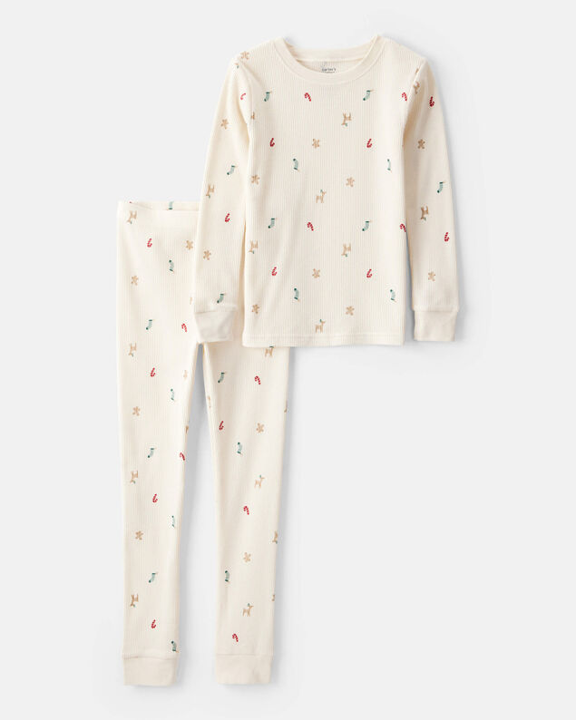 Product image 1 of Kid Christmas Print Cotton Long-Sleeve Snug Fit 2-Piece Pajamas - White