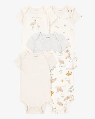 Product image 1 of Baby 5-Pack Striped Birds Short-Sleeve Cotton Bodysuits - Ivory