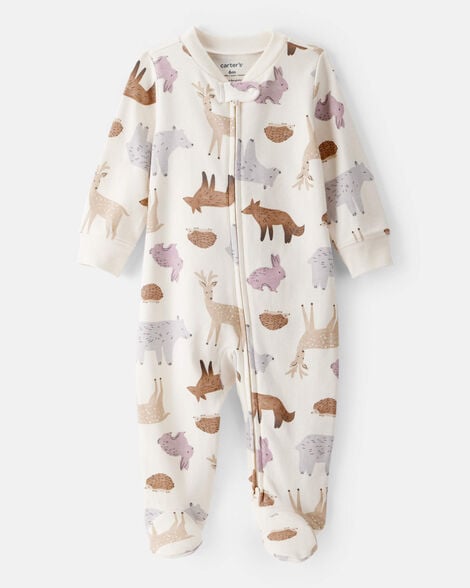 baby girl fox print 100% cotton long-sleeve sleep & play pajamas - ivory