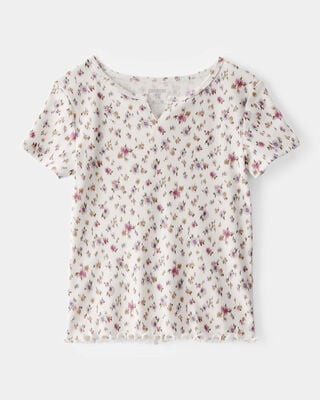 Product image 1 of Girls Ribbed Floral Print Short-Sleeve Shirt - Cream