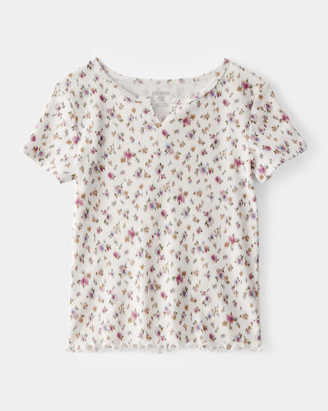  Product image 1 of Girls Ribbed Floral Print Short-Sleeve Shirt - Cream