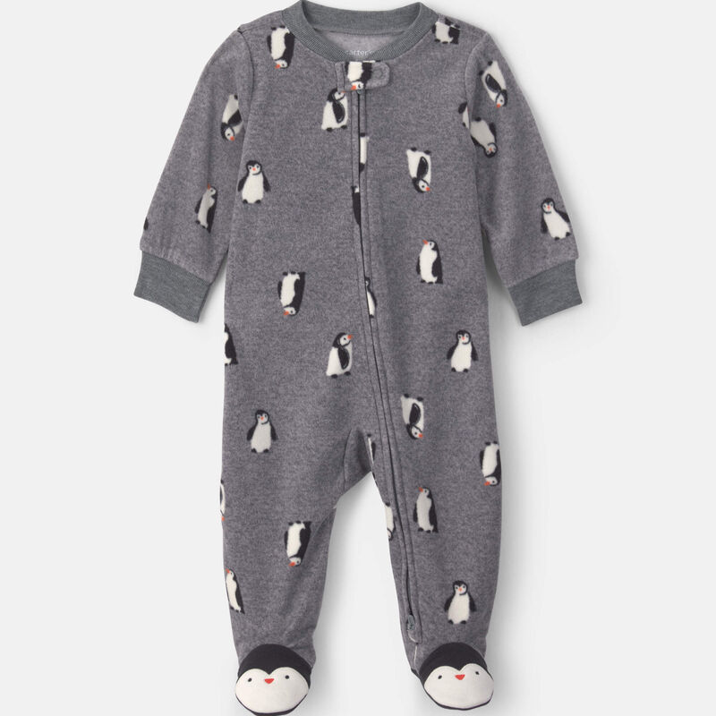 Baby Boy Penguin Fleece 2-Way Zip Sleep & Play Pajamas - Grey