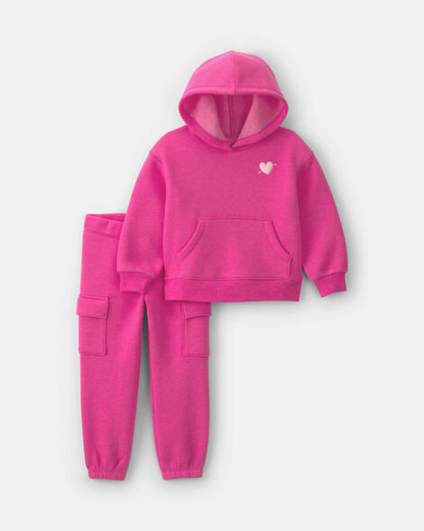 toddler girl heart fleece hoodie & pant set - pink