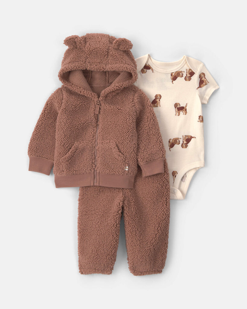 Carter's Baby Boys' Dog Sherpa Hooded Cardigan, Bodysuit and Jogger Pants, 3-Piece Set - Brown