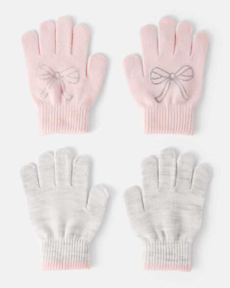 girls 2-pack bow winter gloves - grey/pink