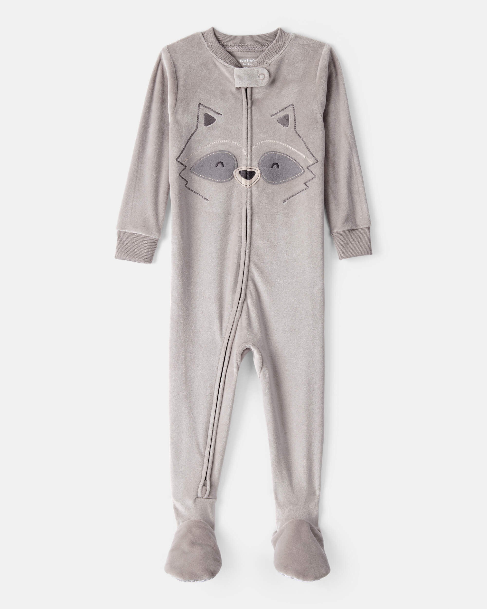 Baby Boy Raccoon Velour Long-Sleeve Snug Fit 1-Piece Pajamas - Grey