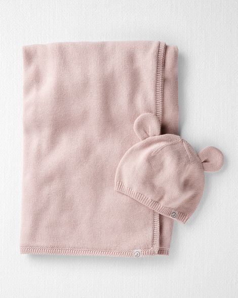 Baby Girl Organic Cotton Sweater Knit Blanket and Cap Gift Set