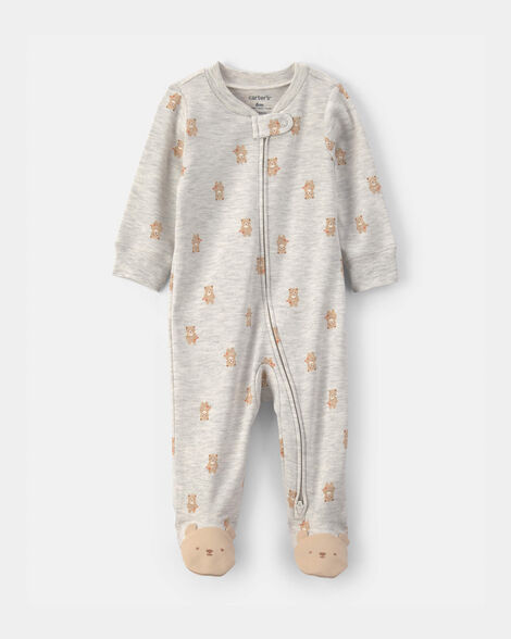 baby teddy bear cotton 2-way zip sleep & play pajamas - grey