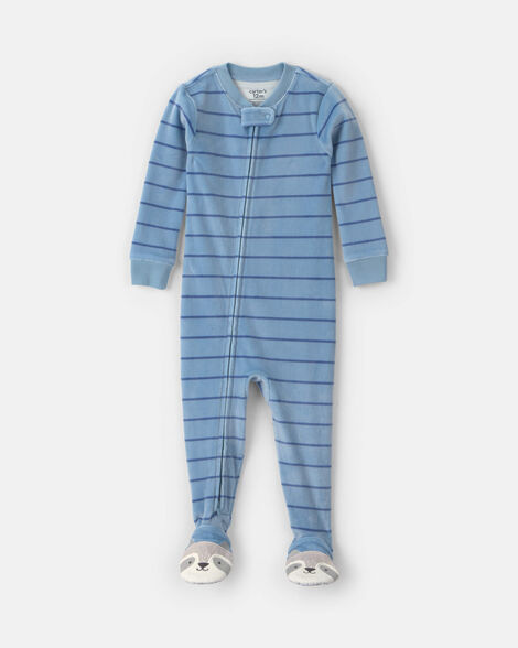toddler boy 1-piece striped raccoon dreamplush snug fit footed pajama - blue