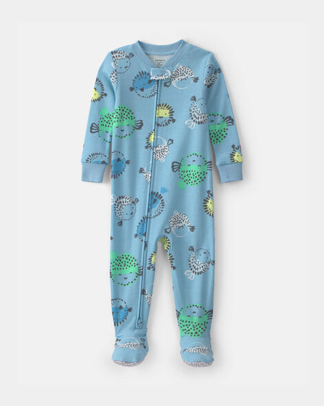 baby boy pufferfish 100% cotton 2-way zip 1-piece pajama - blue