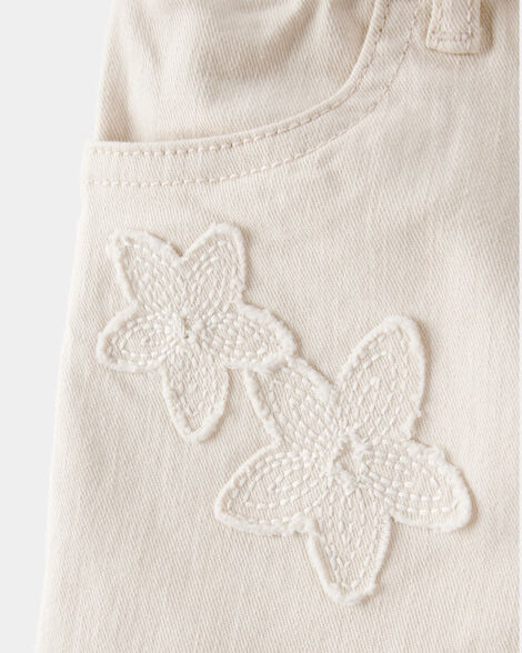 Toddler Embroidered Stretch Denim Wide Leg Jeans - Cream
