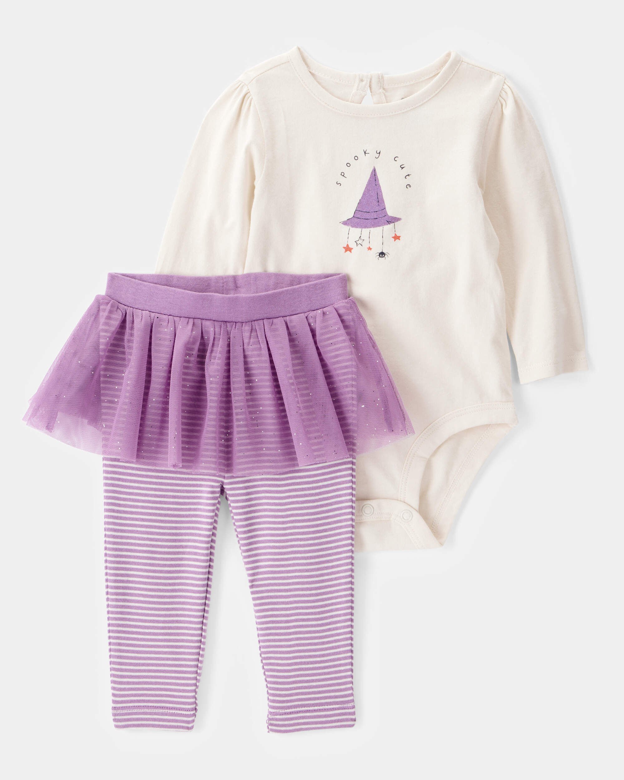 Baby Girl 2-Piece Halloween "Spooky Cute" Bodysuit & Tutu Pant Set - Ivory/Purple