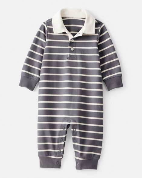 baby boy striped cotton long-sleeve polo jumpsuit - grey/ivory