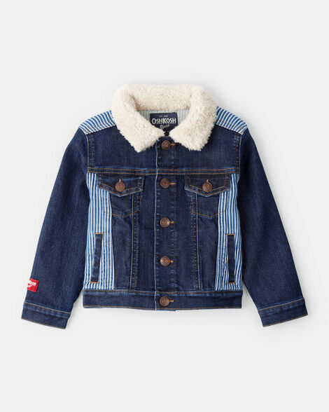 Toddler Hickory Stripe Denim Jacket with Teddy Fleece Collar - Blue
