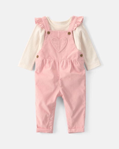 baby girl 2-piece heart corduroy overall set - pink