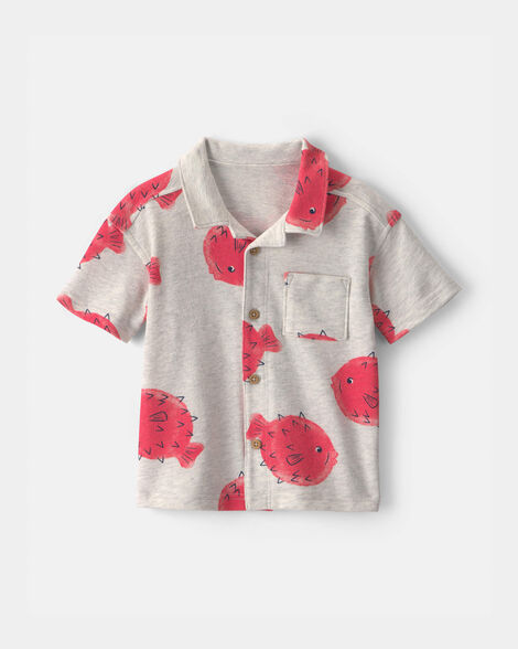 toddler boy pufferfish short-sleeve button-down shirt - grey/red