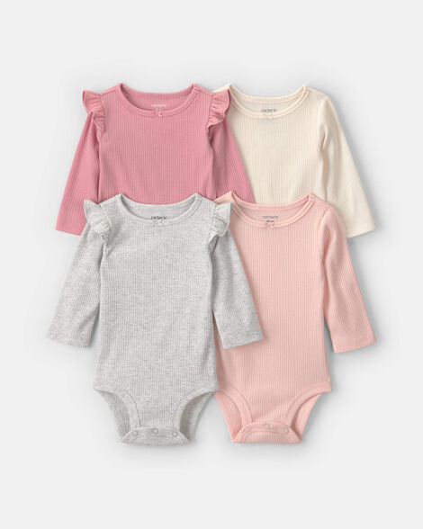 baby girl 4-pack ribbed ruffle long-sleeve multipack bodysuits