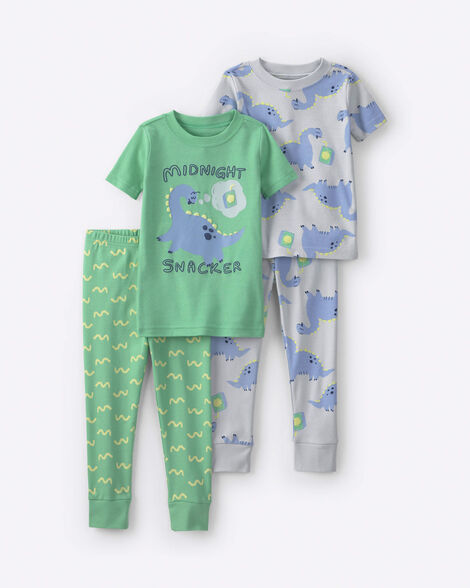 toddler boy 4-piece 'midnight snacker' dinosaur cotton pajama set - green/blue