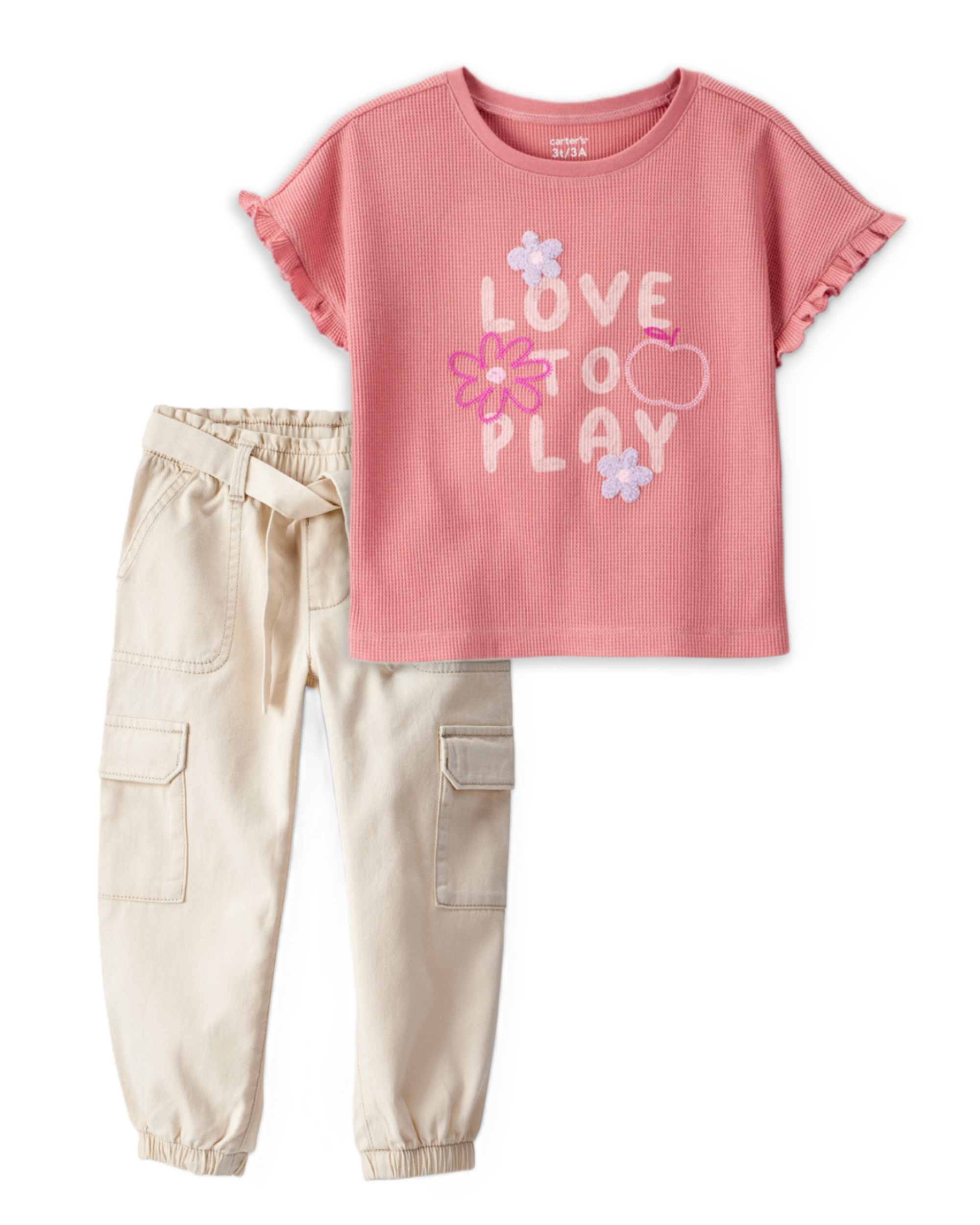 Toddler Girl 2-Piece Love to Play Graphic Tee & Cotton Cargo Joggers Set - Ivory/Pink