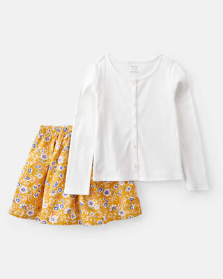 Product image 1 of Kid 2-Piece Button-Front Cardigan & Floral Skort Set - White/Gold