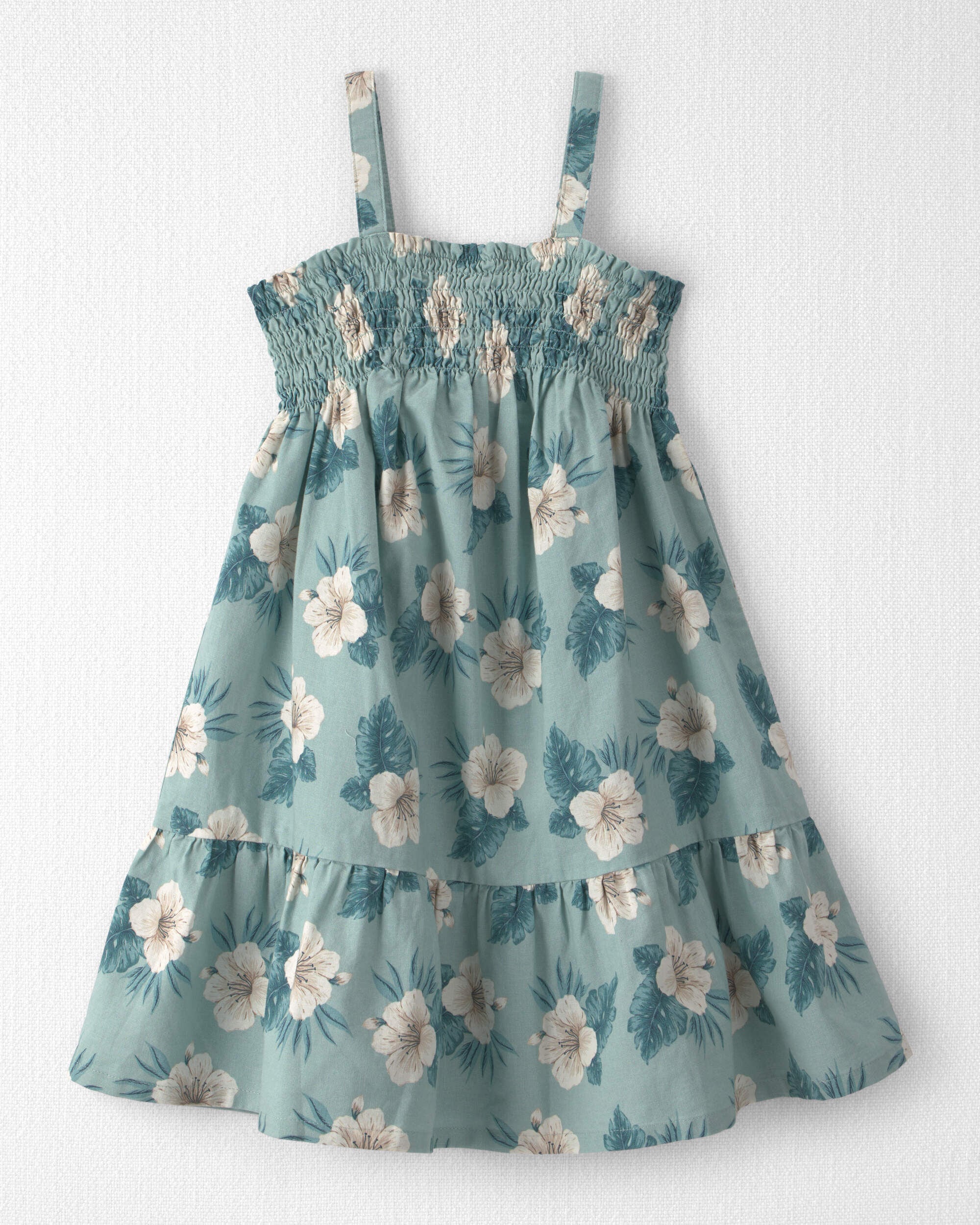 Little Planet Girls Smocked Linen Dress Made with Organic Cotton in Blue Hibiscus 6 Blue Hibiscus 32$