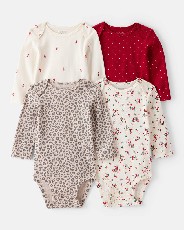 Product image 1 of Baby Girl 4-Pack Leopard Print Cotton Long-Sleeve Multipack Bodysuits - Red/White