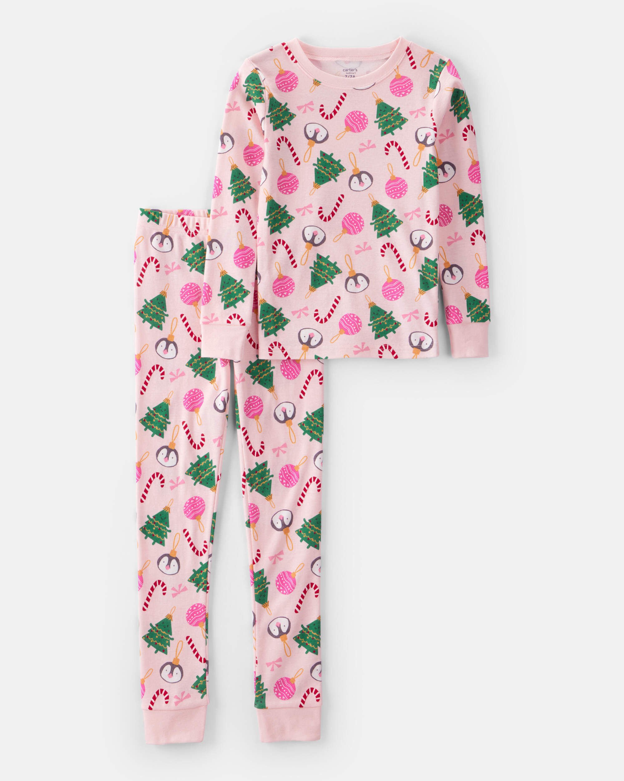 Kid Pink Ornaments 100% Cotton Long-Sleeve Snug Fit 2-Piece Pajamas