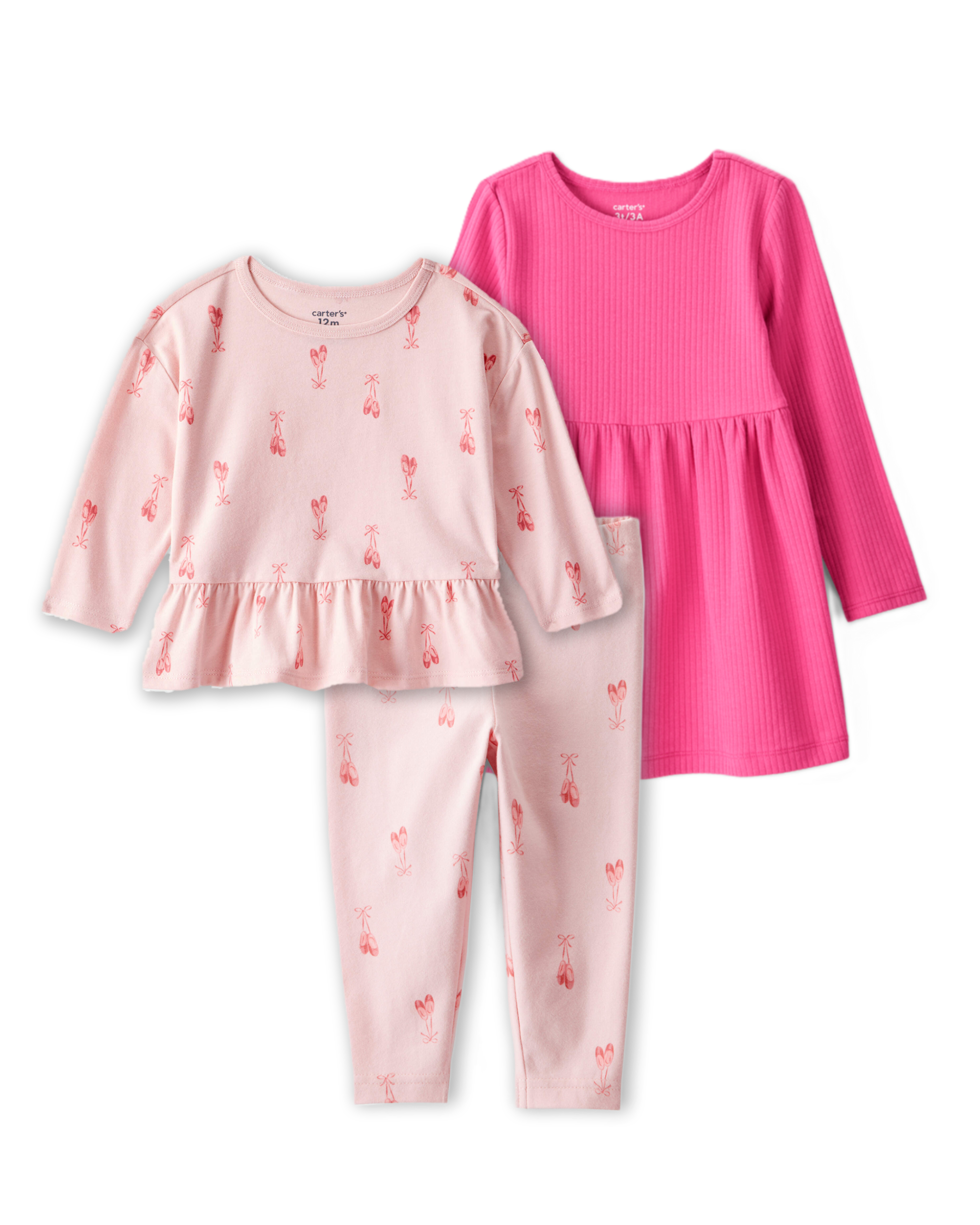 Baby Girl 3-Piece Ballerina Print Outfit & Dress Set - Pink