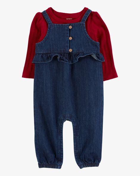 Product image 1 of Baby 2-Piece Long-Sleeve Tee & Denim Jumpsuit Set