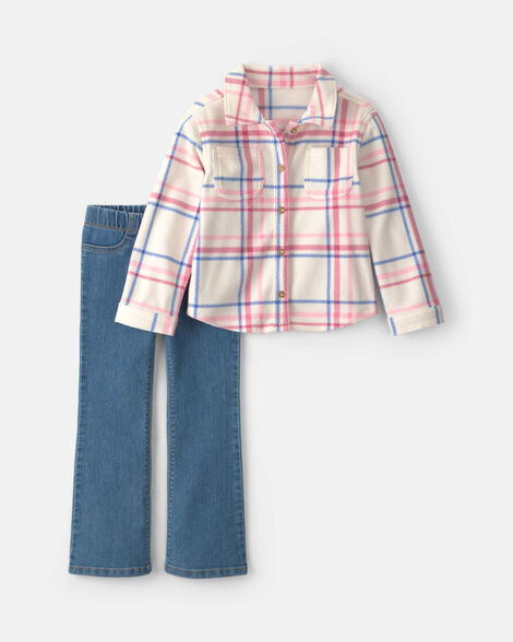 girls 2-piece plaid fleece chambray layering set