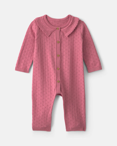 baby girl pointelle long-sleeve jumpsuit - pink