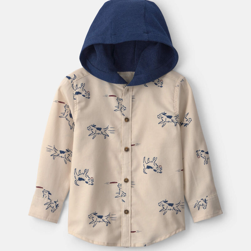 Toddler Boy Dog Long-Sleeve Button-Down Hooded Shirt - Cream/Navy Blue