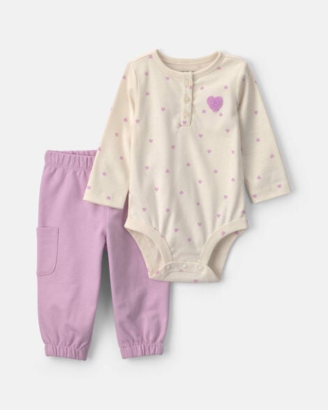 baby girl 2-piece heart long-sleeve bodysuit & pant set - purple/cream