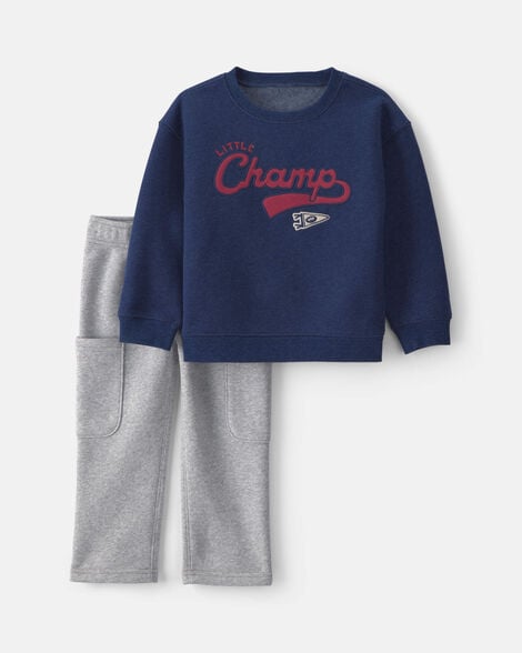 baby boy 2-piece 'little champ' football fleece top & pant set - navy blue/grey