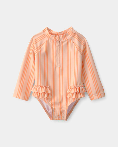 baby girl 1-piece striped long-sleeve rashguard swimsuit - orange