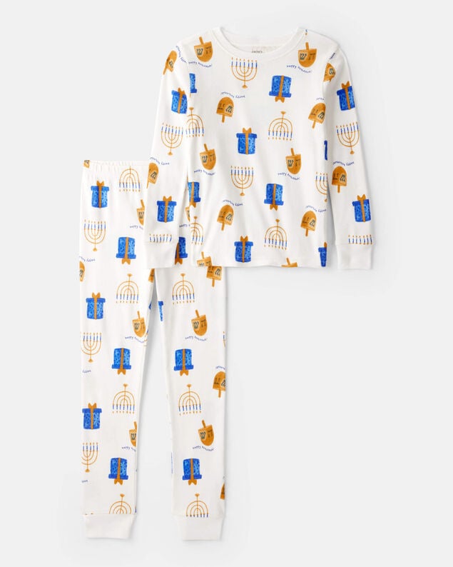 Product image 1 of Kid Hannukah Print 100% Cotton Long-Sleeve Snug Fit 2-Piece Pajamas - White